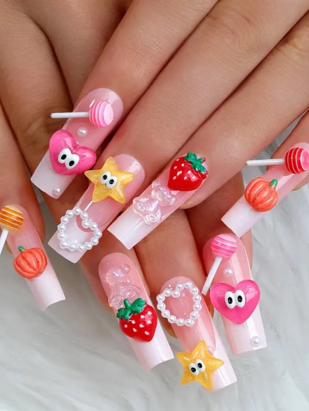 Cute 3D Fruit & Heart Pink Press On Nails